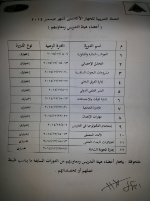 الخطة التدريبية للجهاز الاكاديمي لشهر ديسمبر 2014 ( أعضاء هيئة التدريس ومعاونيهم )