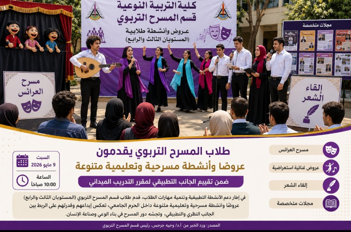 طلاب المسرح التربوي يقدمون عروضًا إبداعية ضمن تقييم التدريب الميداني بكلية التربية النوعية بجامعة بنها