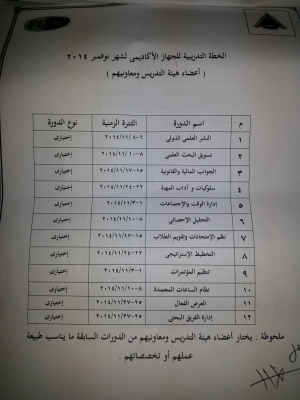 الخطة التدريبية للجهاز الاكاديمي لشهر نوفمبر 2014 ( أعضاء هيئة التدريس ومعاونيهم )