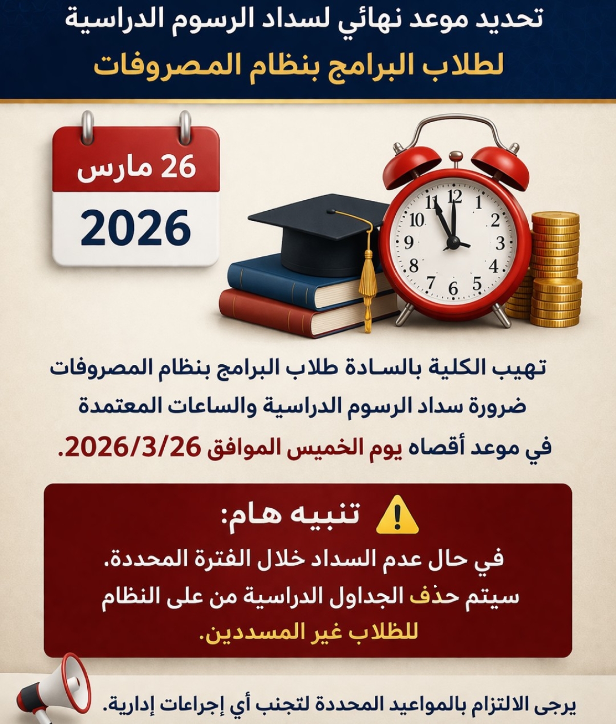 الموعد النهائي لسداد الرسوم الدراسية لطلاب البرامج بمصروفات