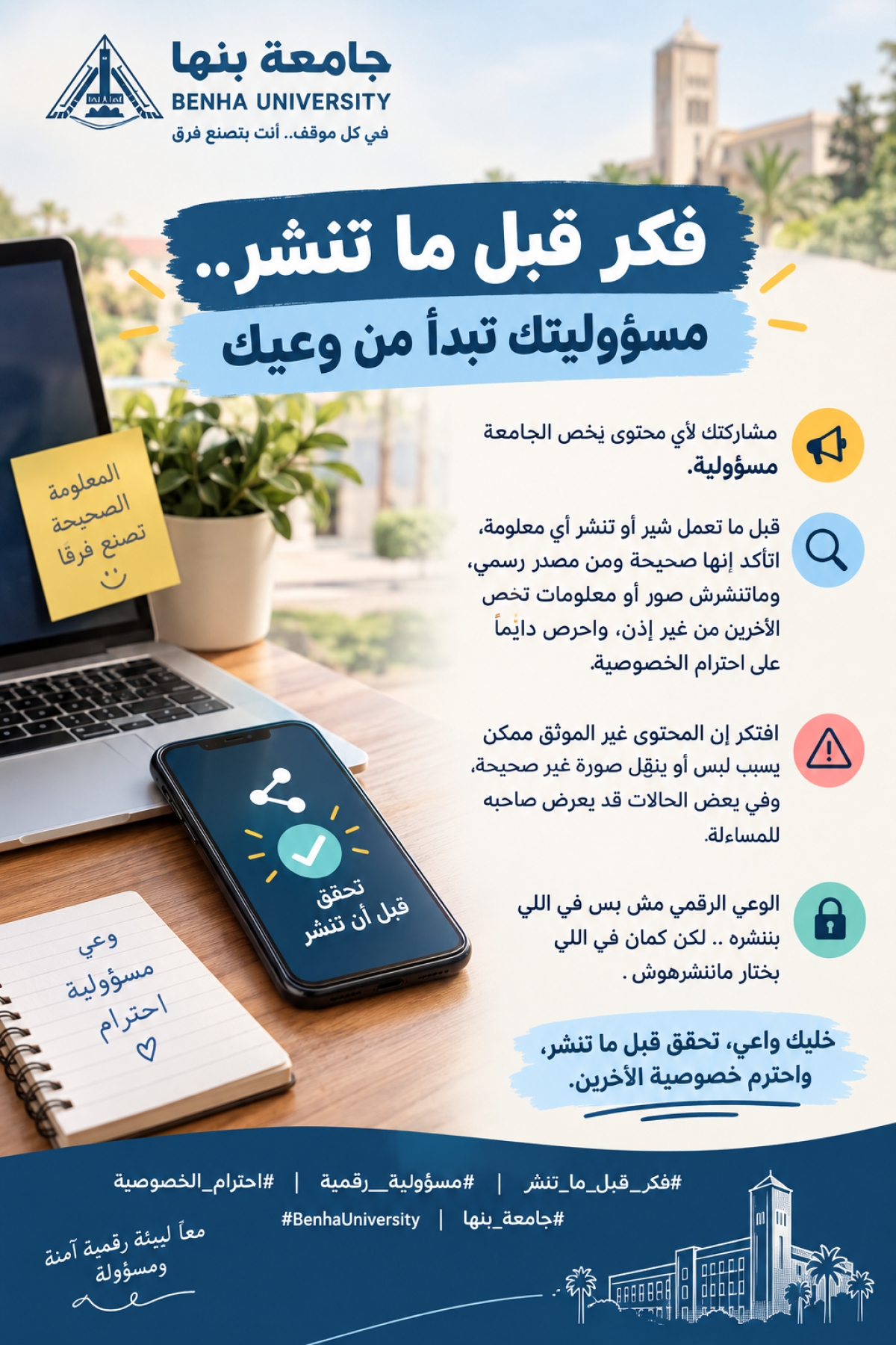 جامعة بنها | فكر قبل ما تنشر.. مسؤوليتك تبدأ من وعيك